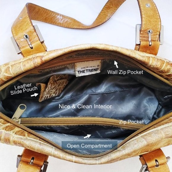 THE TREND Genuine Leather Croc Embossed Carryall Bag Mustard Silver Zip Pockets - Picture 7 of 14